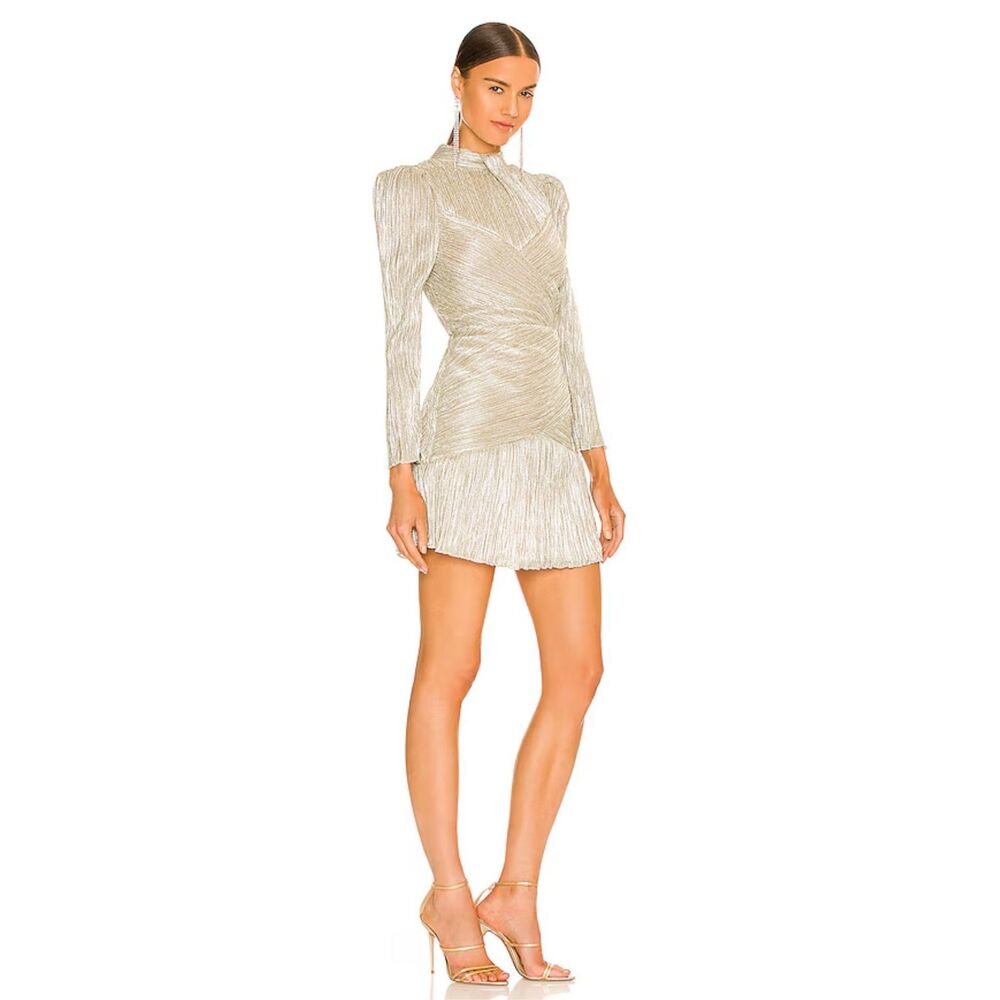 Saylor Saydee Mock Neck Long Sleeve Ruched Mini Dress Metallic Large $275 - Picture 2 of 11